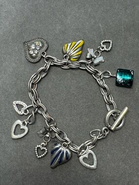 Silver Heart Charm Bracelet with Yellow and Blue Accents